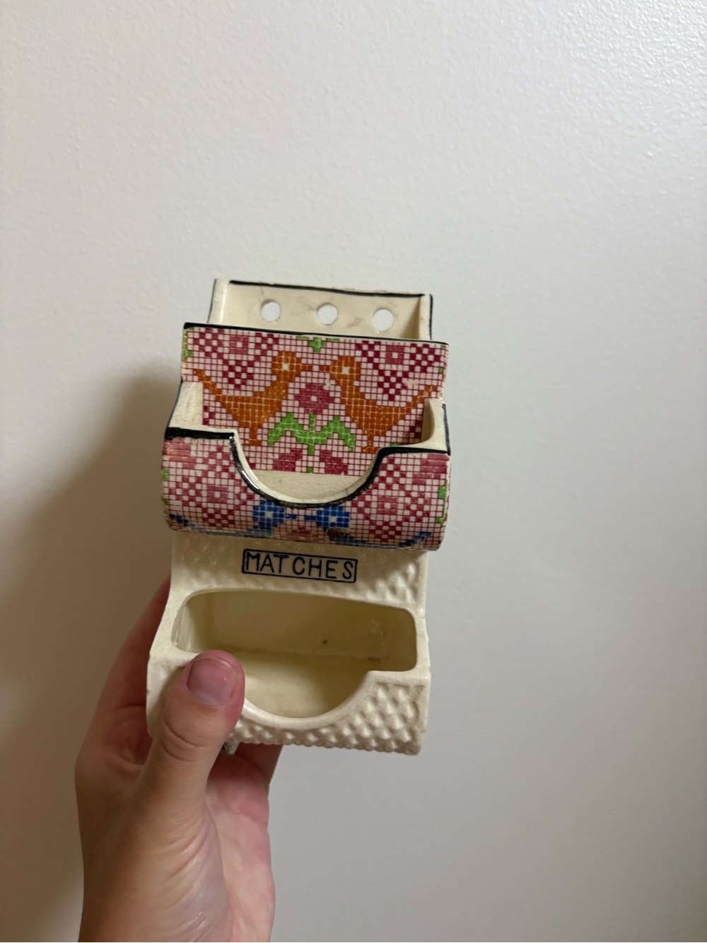 Vintage Japanese Ceramic Match Holder with Pink Floral Cross-Stitch Pattern